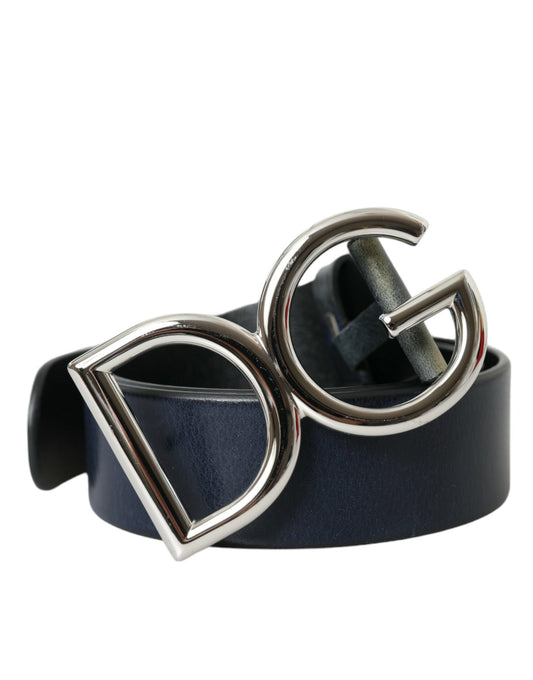 Dolce &amp; Gabbana ceinture à boucle en cuir bleu avec logo en métal argenté pour hommes
