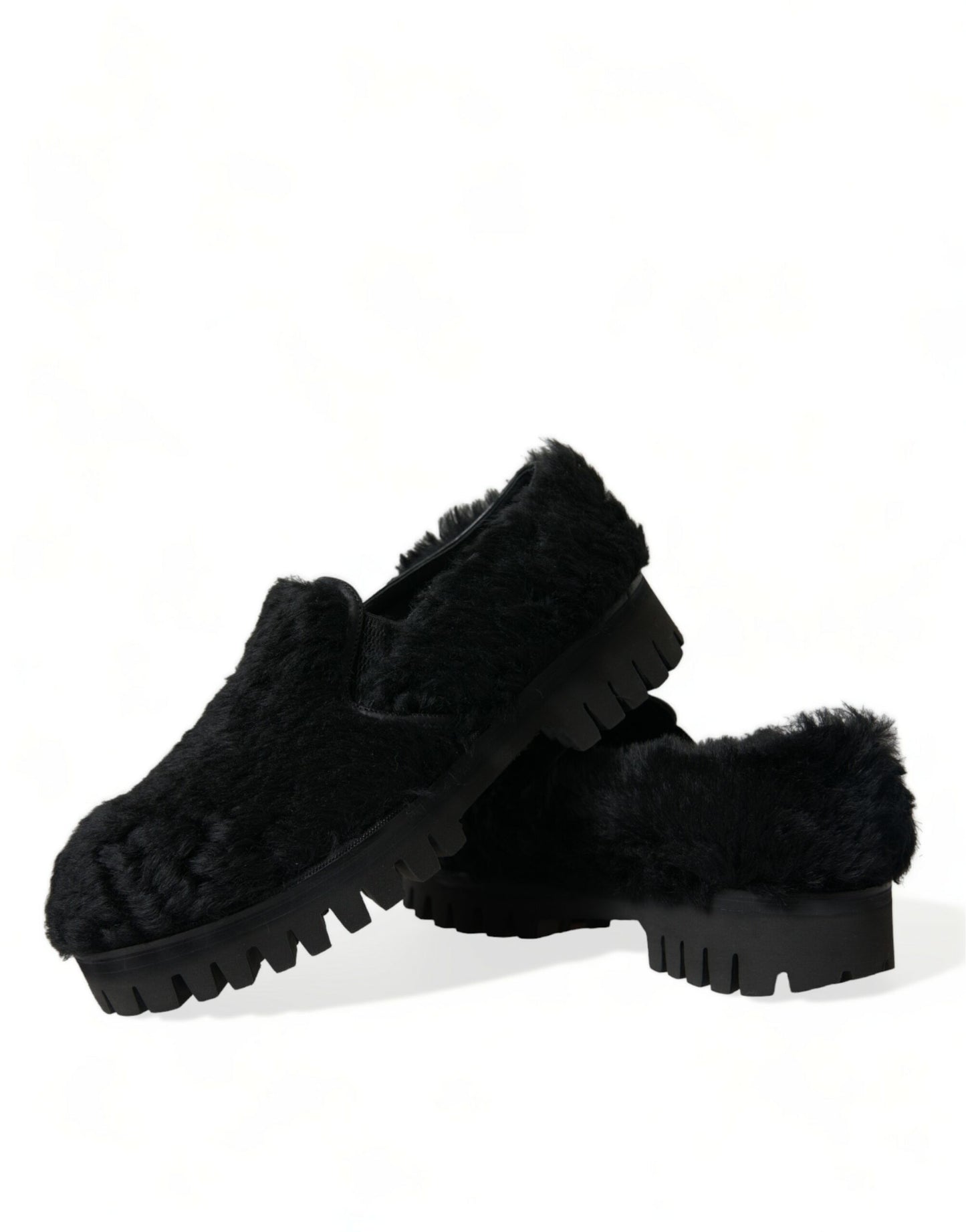 Dolce & gabbana black fur slip on loafers for men