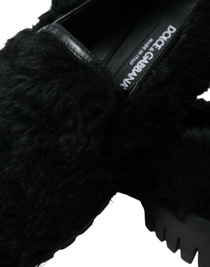 Dolce & gabbana black fur slip on loafers for men