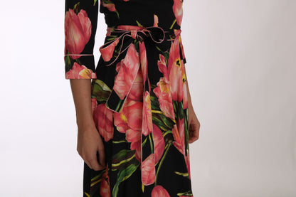 Robe droite noire Dolce &amp; gabbana avec imprimé tulipes roses