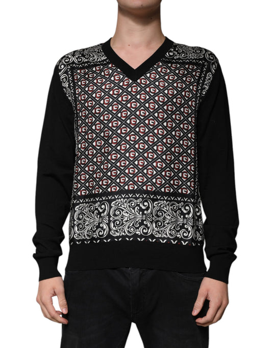 Suéter de cuello en V de lana con logotipo negro de Dolce &amp; Gabbana