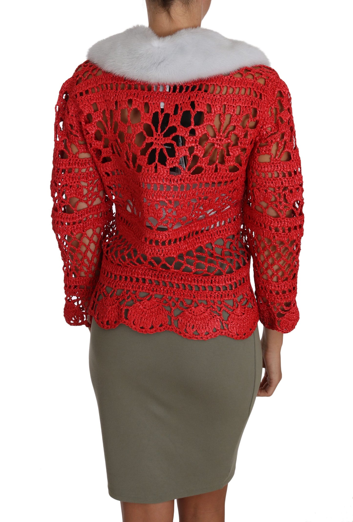 Dolce &amp; gabbana cardigan en maille crochet rouge avec col en fourrure