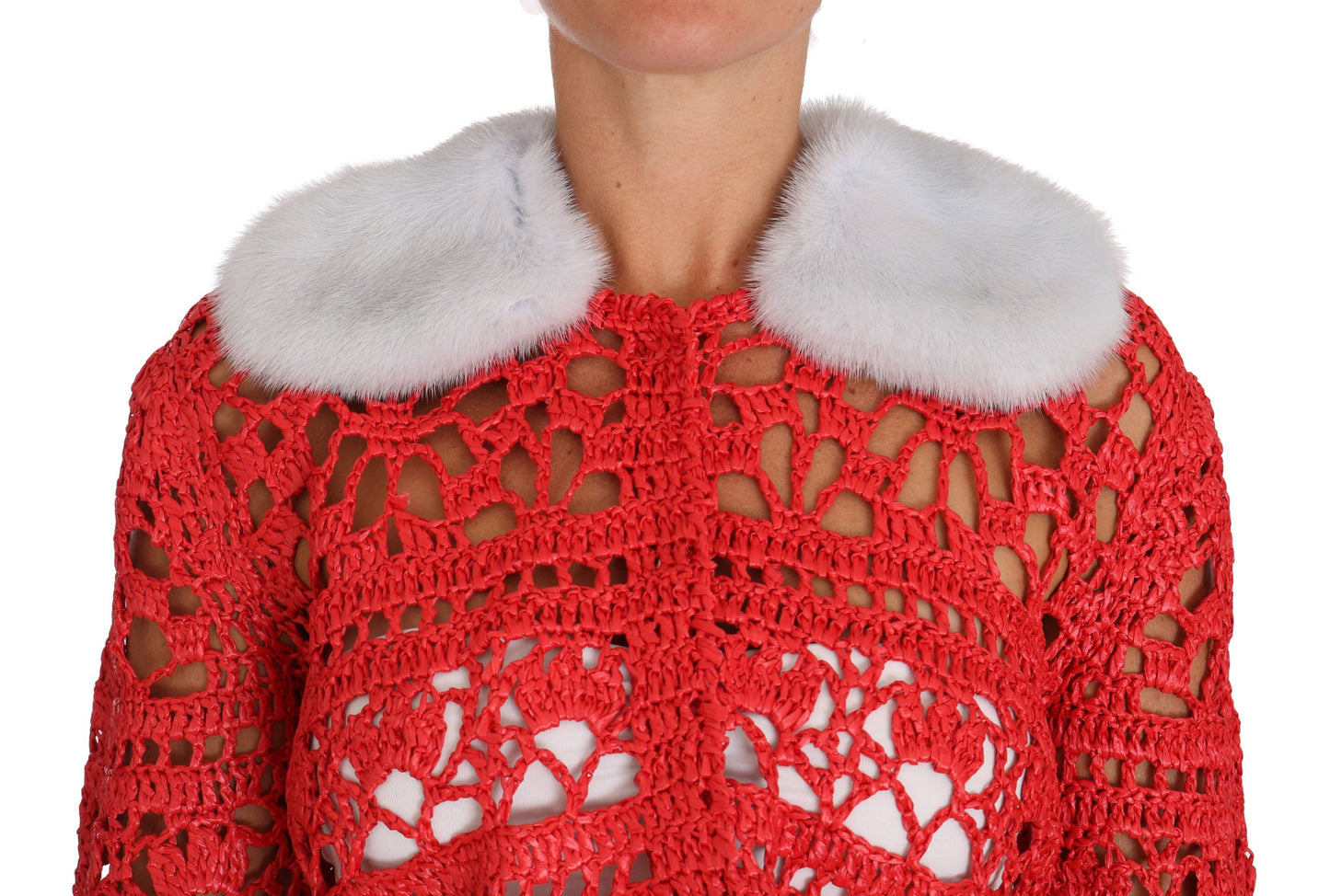 Dolce &amp; gabbana cardigan en maille crochet rouge avec col en fourrure