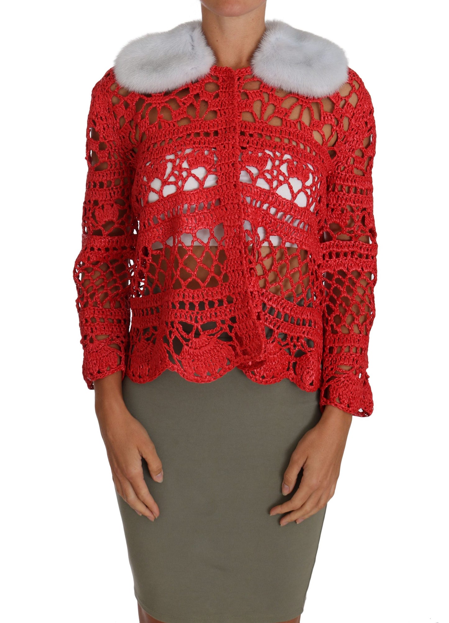 Dolce &amp; gabbana cardigan en maille crochet rouge avec col en fourrure