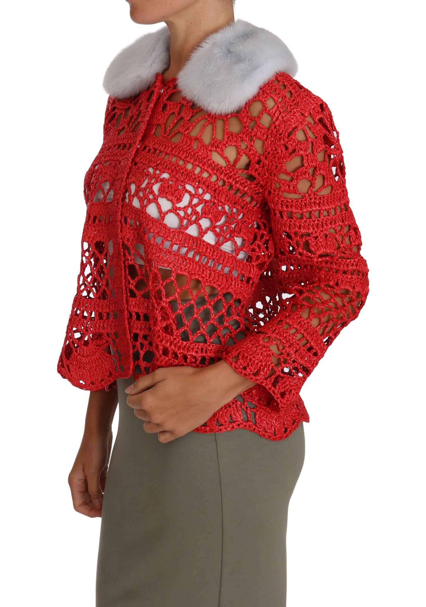 Dolce &amp; gabbana cardigan en maille crochet rouge avec col en fourrure