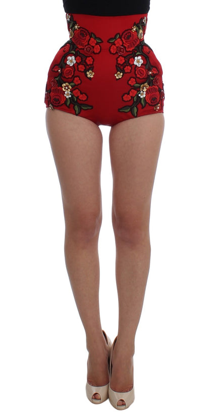 Dolce &amp; Gabbana short glamour en soie rouge brodé de fleurs