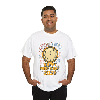 Happy New Year 2026 T-Shirt — Countdown Clock & Fireworks Celebration Tee