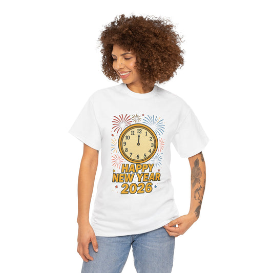 Happy New Year 2026 T-Shirt — Countdown Clock & Fireworks Celebration Tee