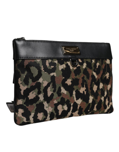 Dolce & Gabbana Multicolor Leopard Print Jacquard Logo Plaque Pouch Bag