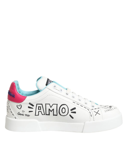 Dolce & Gabbana White Leather Graffiti Low Top Sneakers Shoes
