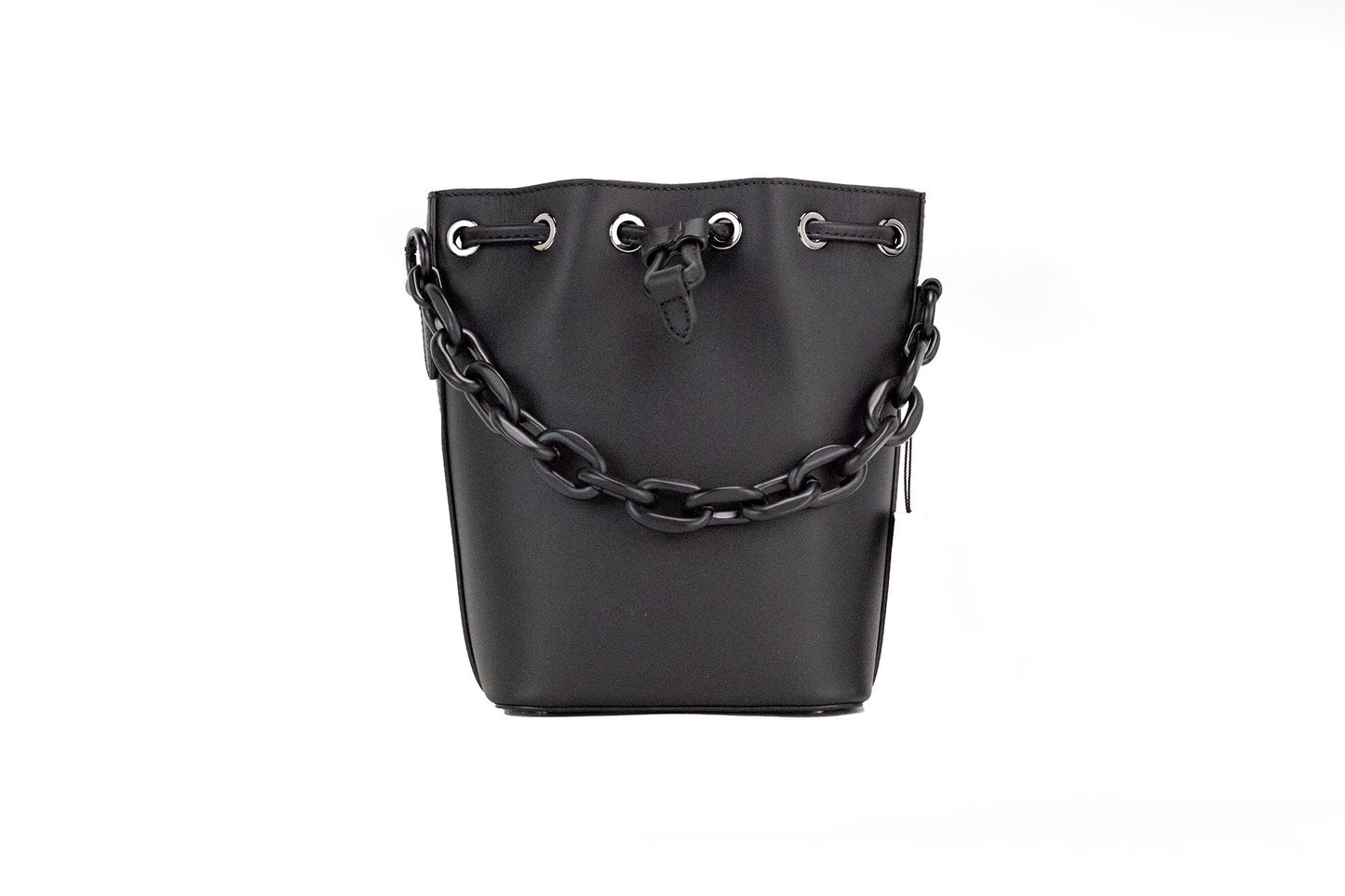 Mcm mini sac à main seau à chaîne en cuir lisse noir violet avec cordon de serrage