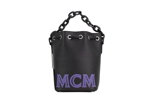 Mcm mini sac à main seau à chaîne en cuir lisse noir violet avec cordon de serrage