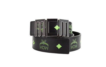 Mcm claus hommes été vert lisse visetos logo cuir ceinture à boucle numérique