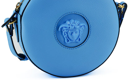 Sac bandoulière rond en cuir bleu Versace