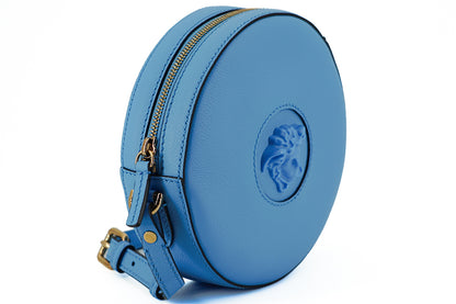 Sac bandoulière rond en cuir bleu Versace